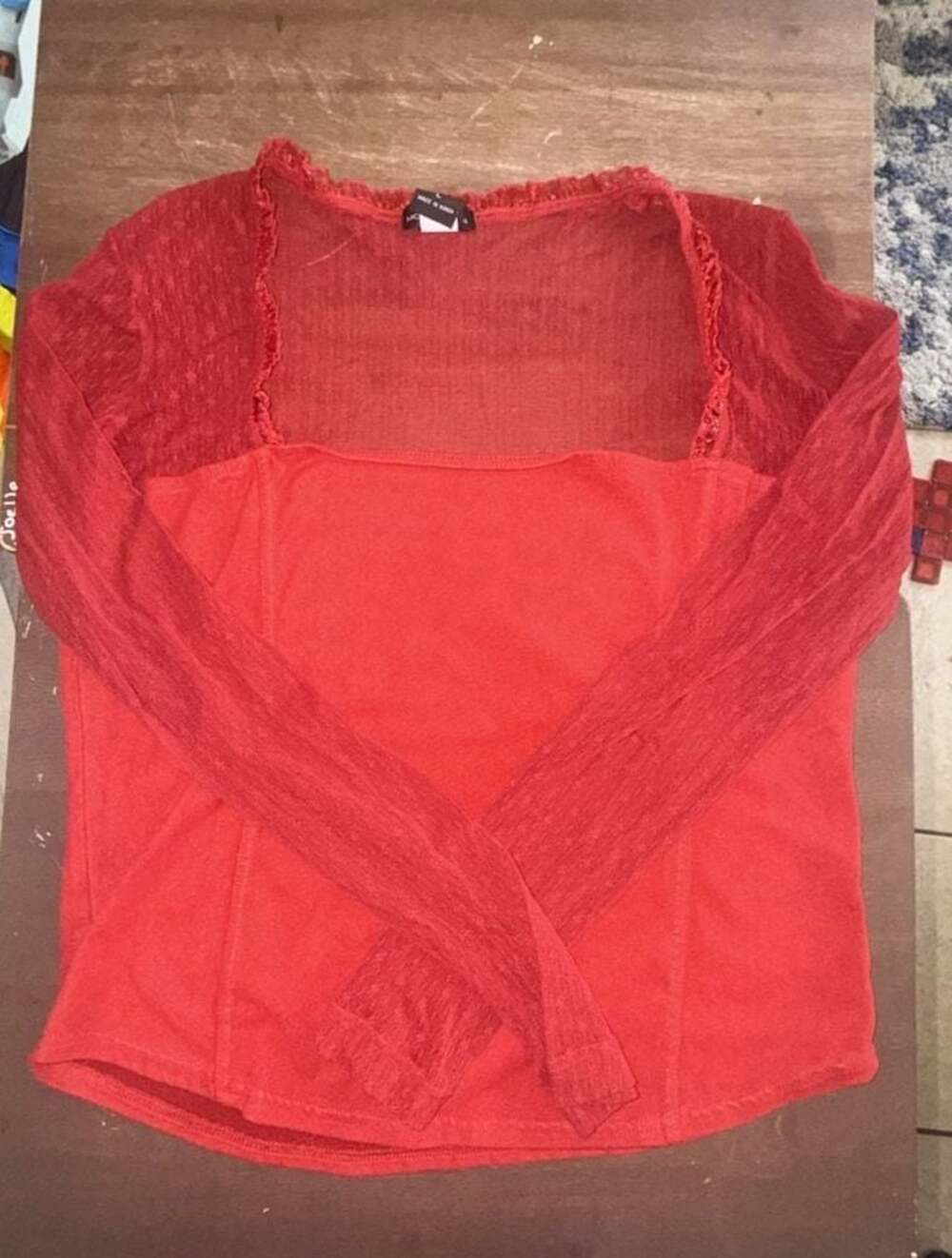 Y2K style Red Long Sleeve Mesh and Fabric Top Size L